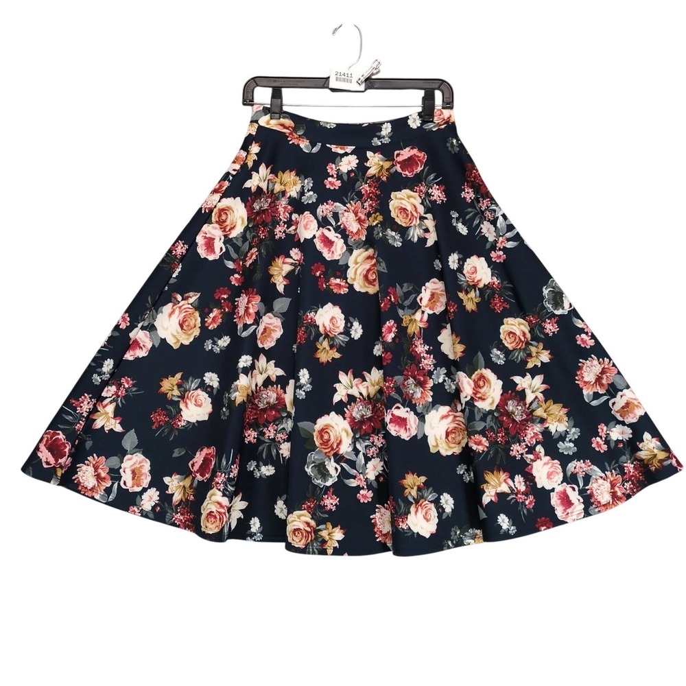 Lara Navy Floral Skater Midi Skirt Sz L Stretch Pull On Made USA Cottagecore